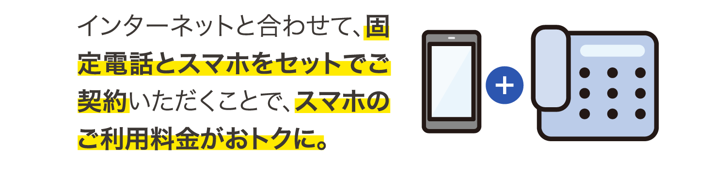 インターネットと合わせて、固定電話とスマホをセットでご契約いただくことで、スマホのご利用料金がおトクに。
