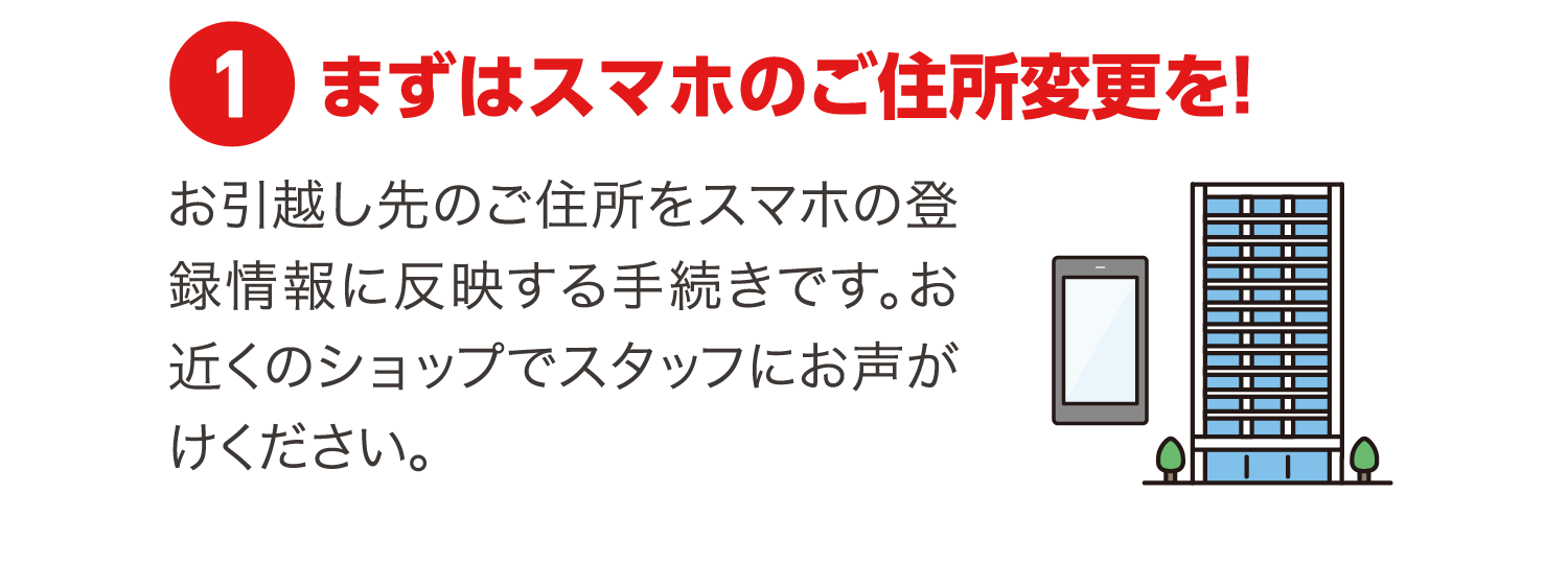 1.まずはスマホのご住所変更を!お引越し先のご住所をスマホの登録情報に反映する手続きです。お近くのショップでスタッフにお声がけください。